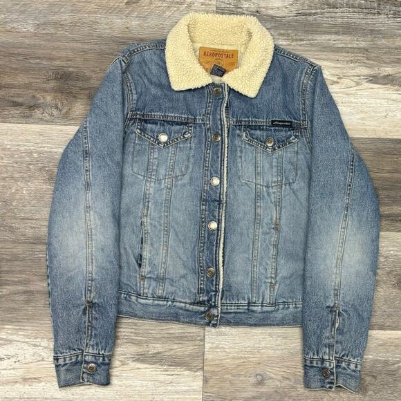 Vintage Y2K Aeropostale Womens‎ M Sherpa Collar Denim Blue Jean Trucker Jacket - Picture 1 of 8